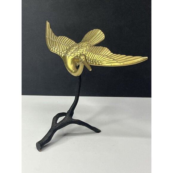 Vintage MCM Brass Flying Bird Crane or Heron On Painted Brass Stand 6.5” Tall - Picture 1 of 14